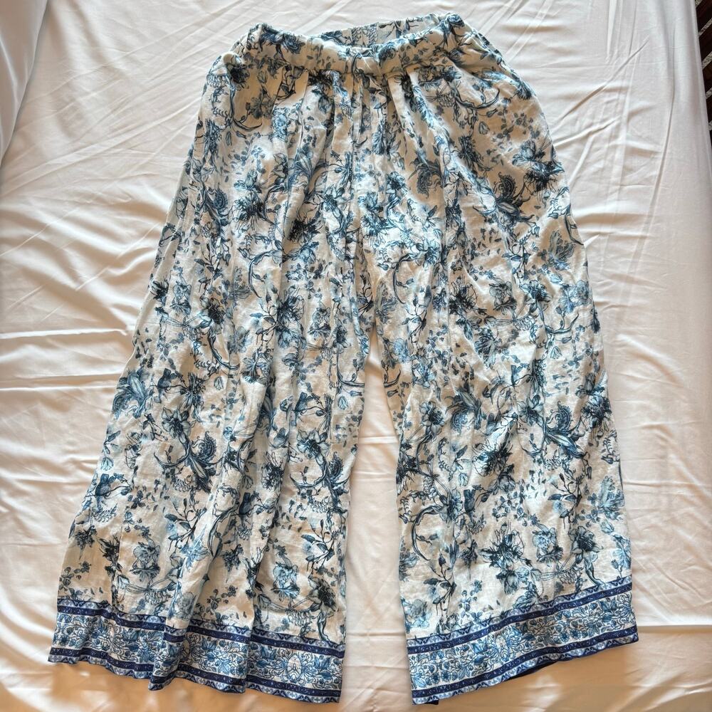 Magaschoni White & Blue Floral Straight Leg Pants